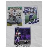 Lot of 3 Lamar Jackson Football Cards including Panini Contenders MVP Contenders, Donruss Optic, and Select Prizm Concourse.