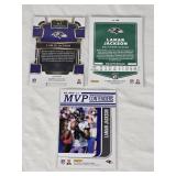 Lot of 3 Lamar Jackson Football Cards including Panini Contenders MVP Contenders, Donruss Optic, and Select Prizm Concourse.