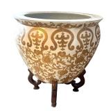 LR - Asian Style Ceramic Planter With Wooden Stand