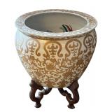 LR - Asian Style Ceramic Planter With Wooden Stand
