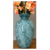 E - Turquoise Glass Vase with Faux Florals