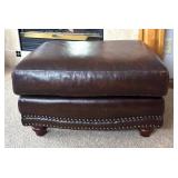 O - Brown Leather Ottoman with Nailhead Trim and Wooden Feet