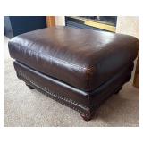 O - Brown Leather Ottoman with Nailhead Trim and Wooden Feet