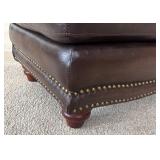 O - Brown Leather Ottoman with Nailhead Trim and Wooden Feet
