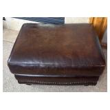 O - Brown Leather Ottoman with Nailhead Trim and Wooden Feet