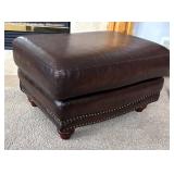O - Brown Leather Ottoman with Nailhead Trim and Wooden Feet