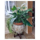 SR - Asian Style Ceramic Vase with Gold Floral Pattern and Faux Greenery