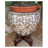 SR - Asian Style Ceramic Vase with Gold Floral Pattern and Faux Greenery