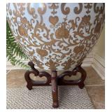 SR - Asian Style Ceramic Vase with Gold Floral Pattern and Faux Greenery