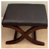 LL - Cross-Leg Leather Ottoman with Curved Wood Base