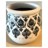 LL - Ceramic Pot - White Glaze with Black Damask Pattern