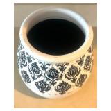 LL - Ceramic Pot - White Glaze with Black Damask Pattern