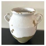 LL - Pottery Barn Vase - 9in Tall, White & Olive Ceramic, Two Handles