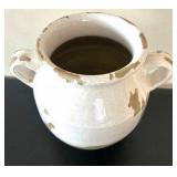 LL - Pottery Barn Vase - 9in Tall, White & Olive Ceramic, Two Handles