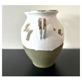 LL - Pottery Barn Vase - 9in Tall, White & Olive Ceramic, Two Handles