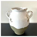 LL - Pottery Barn Vase - 9in Tall, White & Olive Ceramic, Two Handles