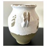 LL - Pottery Barn Vase - 9in Tall, White & Olive Ceramic, Two Handles