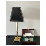 LL - Brass Table Lamp 23 in Tall - Black Shade & Wood Card Case with Cards