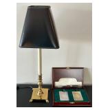 LL - Brass Table Lamp 23 in Tall - Black Shade & Wood Card Case with Cards