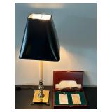 LL - Brass Table Lamp 23 in Tall - Black Shade & Wood Card Case with Cards