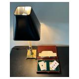 LL - Brass Table Lamp 23 in Tall - Black Shade & Wood Card Case with Cards