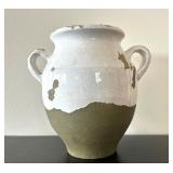 LL - Pottery Barn Vase - 9in Tall, White & Olive Ceramic, Two Handles