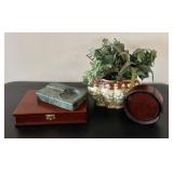 Wood Desk Box Poker Set with Cards & Pen - Marble Ashtray, Planter with Faux Greens & Leather Coasters