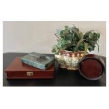 Wood Desk Box Poker Set with Cards & Pen - Marble Ashtray, Planter with Faux Greens & Leather Coasters