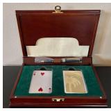 Wood Desk Box Poker Set with Cards & Pen - Marble Ashtray, Planter with Faux Greens & Leather Coasters