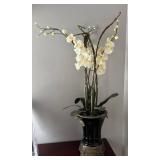 DR - White Orchid Arrangement in Black Ceramic Vase with Gold Accents