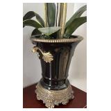 DR - White Orchid Arrangement in Black Ceramic Vase with Gold Accents