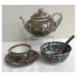 Vintage Chinese Famille Rose Medallion Porcelain Cup and Saucer, Teapot and Rice Bowl with Spoon