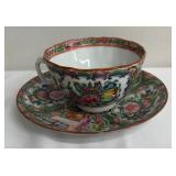 Vintage Chinese Famille Rose Medallion Porcelain Cup and Saucer, Teapot and Rice Bowl with Spoon