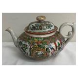 Vintage Chinese Famille Rose Medallion Porcelain Cup and Saucer, Teapot and Rice Bowl with Spoon