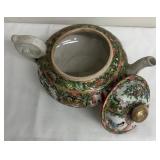 Vintage Chinese Famille Rose Medallion Porcelain Cup and Saucer, Teapot and Rice Bowl with Spoon