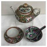Vintage Chinese Famille Rose Medallion Porcelain Cup and Saucer, Teapot and Rice Bowl with Spoon