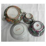 Vintage Chinese Famille Rose Medallion Porcelain Cup and Saucer, Teapot and Rice Bowl with Spoon