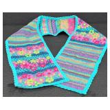 Colorful Crochet Scarf With Turquoise Border & 6 Napkin Rings Set