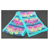 Colorful Crochet Scarf With Turquoise Border & 6 Napkin Rings Set