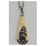 Ivory Howlite Dagger Bead Necklace With Ship Pendant, 17-Inch Silver-Tone Chain