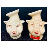 Vintage Mid Century Ceramic Pig Head Salt & Pepper Shakers - 4 in Tall, Missing Stoppers