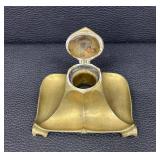 Vintage Brass Desk Inkstand with Dual Inkwells & Pounce Pot