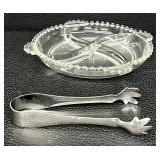 Vintage Candlewick Pattern Four Part Divided Relish Dish and Tongs