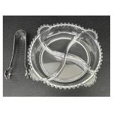 Vintage Candlewick Pattern Four Part Divided Relish Dish and Tongs