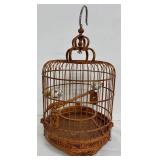 Vintage Chinese Bamboo Birdcage with Porcelain Feed Bowls