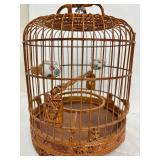 Vintage Chinese Bamboo Birdcage with Porcelain Feed Bowls