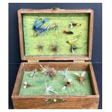 Wooden Box and Fly Box including Assortment Fishing Flies
