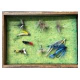 Wooden Box and Fly Box including Assortment Fishing Flies
