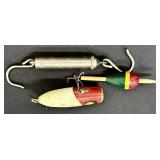 Three Vintage Fishing Lures & Silver Piece - Wood Bobber & Patent Device