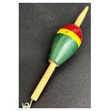 Three Vintage Fishing Lures & Silver Piece - Wood Bobber & Patent Device